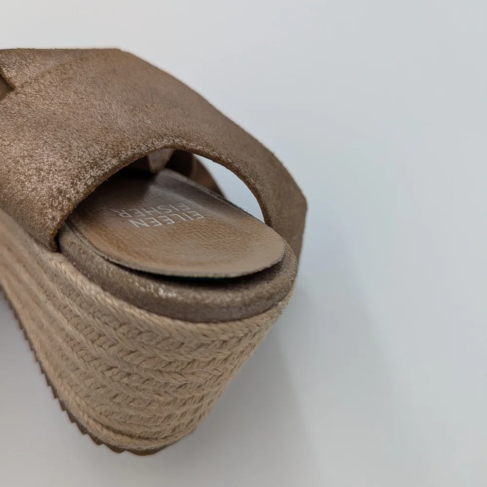 Eileen Fisher Willow Leather Wedge Sandals Espadrilles Silver Metallic 9.5 Boho